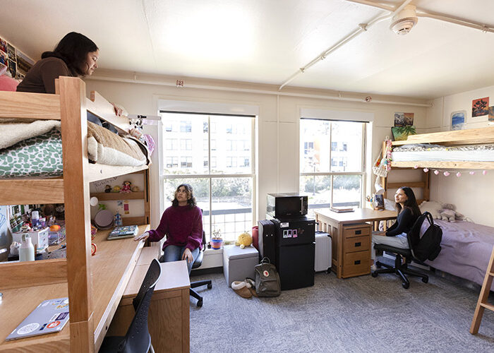 Three students sit in a triple room, looking at each other. One student sits on top of a lofted bed while the other two students sit at desks.